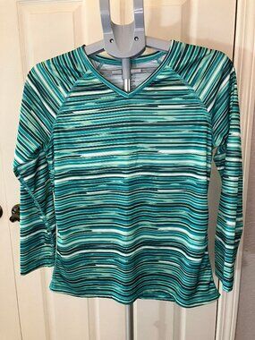 Kanu Surf Aqua Blue Striped Long Sleeve Rash Guard Top | Size Large